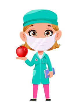 Doktor kadın çizgi film karakteri. Güzel bayan doktor, elinde sulu bir elma tutuyor. Beyaz arkaplanda stok vektör illüstrasyonu