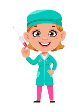 Doktor kadın çizgi film karakteri. Güzel kadın doktor elinde şırınga tutuyor. Beyaz arkaplanda stok vektör illüstrasyonu