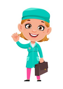 Neşeli doktor kadın çizgi film karakteri. Güzel bayan doktor. Beyaz arkaplanda stok vektör illüstrasyonu