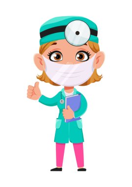 Doktor kadın çizgi film karakteri. Tıbbi maske takan güzel bir kadın doktor. Beyaz arkaplanda stok vektör illüstrasyonu