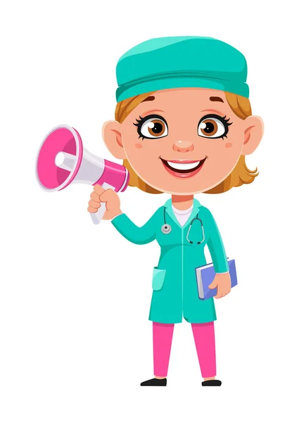 Doctor Mujer Personaje Dibujos Animados Hermosa Doctora Haciendo Anuncio Stock — Vector de stock