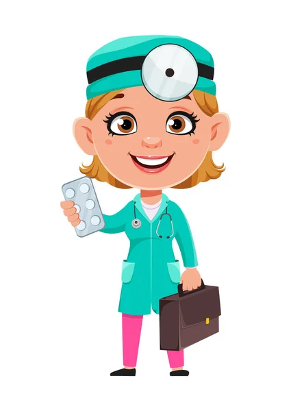 Doctor Woman Cartoon Character Beautiful Female Doctor Holding Pills Stock — Stock Vector
