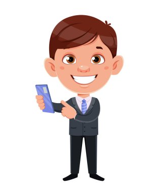 Yakışıklı iş adamı çizgi film karakteri. Akıllı telefon tutan komik bir iş adamı. Stok vektör illüstrasyonu