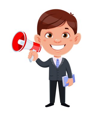 Yakışıklı iş adamı çizgi film karakteri. Komik iş adamı hoparlörü tutuyor. Stok vektör illüstrasyonu