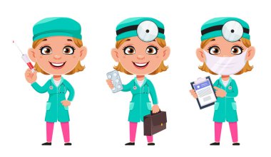Doktor kadın, komik çizgi film karakteri, üç pozlu. Güzel bayan doktor. Stok vektör illüstrasyonu beyaz üzerine izole edildi