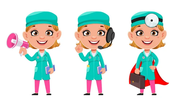 Doctor Mujer Personaje Dibujos Animados Conjunto Tres Poses Hermosa Doctora — Vector de stock