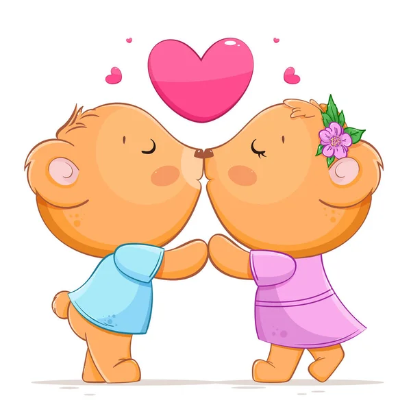 Feliz Día San Valentín Dos Osos Besándose Lindos Pequeños Osos — Vector de stock