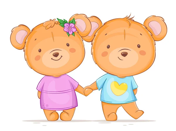 Happy Valentines Day Two Bears Holding Hands Cute Little Bears — Stock Vector