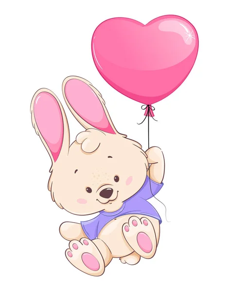 Happy Easter Cute Bunny Cartoon Character Flying Balloon Shape Heart — Stock Vector