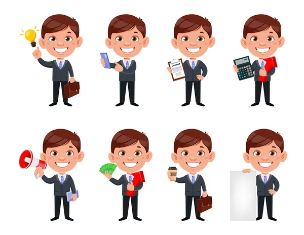 Handsome Business Man Cartoon Character Funny Businessman Set Eight Poses — Stock Vector