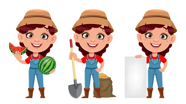 農家の女性漫画のキャラクター 3つのポーズのセット 可愛い農家さん 白い背景に隔離されたストックベクトルイラスト — ストックベクタ