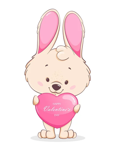 Happy Valentines Day Cute Bunny Cartoon Character Holding Pink Heart — Stock Vector