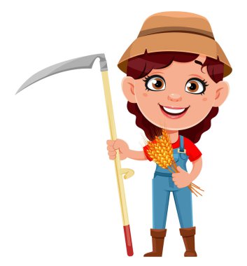 Çiftçi kadın çizgi film karakteri buğday ve tırpan kulakları tutuyor. Şirin bir çiftçi kız. Beyaz arkaplanda stok vektör illüstrasyonu