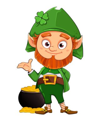 Leprikon çizgi film karakteri içinde altın olan esrarın yanında duruyor. Mutlu Aziz Patrick günleri. Leprechaun 'un tasviri. Stok vektörü