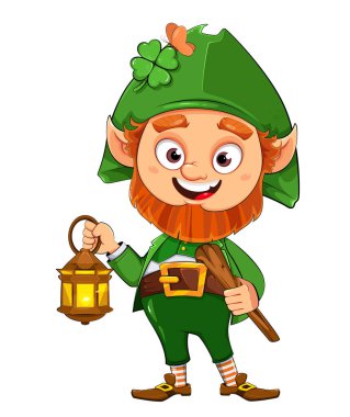 Leprikon çizgi film karakteri elinde fener ve bastonla ayakta duruyor. Mutlu Aziz Patrick günleri. Leprechaun 'un tasviri. Stok vektörü