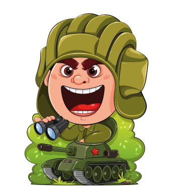 Tankman çizgi film karakteri. Anavatan 'ın Savunucusu Günün kutlu olsun. Tank çizgi filmindeki asker. Beyaz arkaplanda vektör illüstrasyonu