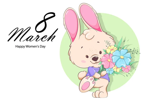 Szczęśliwego Dnia Kobiet Kartka Życzeniami Cute Bunny Postać Kreskówek Gospodarstwa — Wektor stockowy