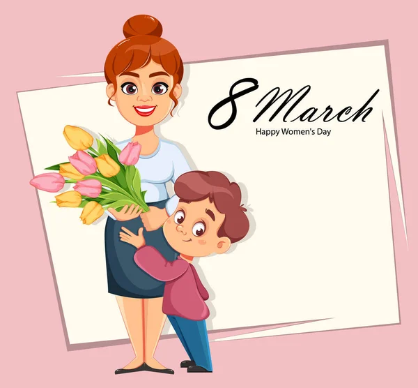 Tarjeta Felicitación Del Día Mujer Feliz Lindo Chico Dando Ramo — Vector de stock