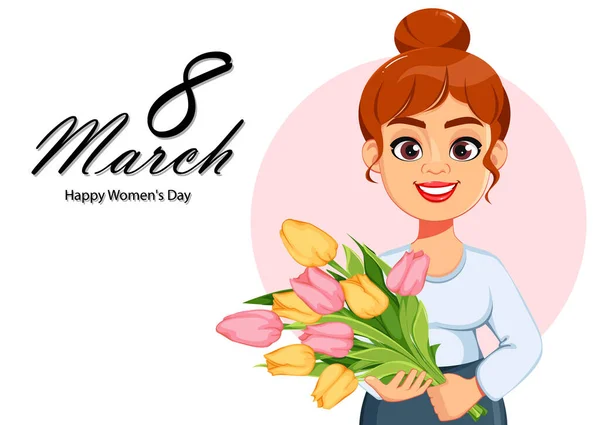 Felicitări Happy Women Day Frumoasă Doamnă Ţinând Buchet Lalele Roz — Vector de stoc
