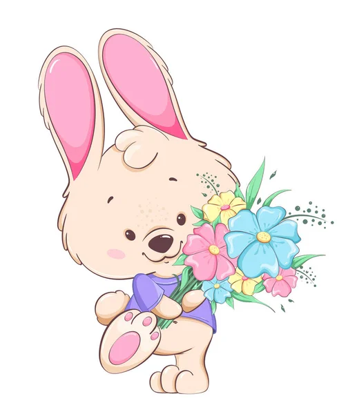 Happy Women Day Cute Bunny Cartoon Character Holding Bouquet Flowers — Stock Vector