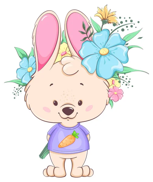 Happy Women Day Cute Bunny Cartoon Character Holding Beautiful Bouquet — Stock Vector