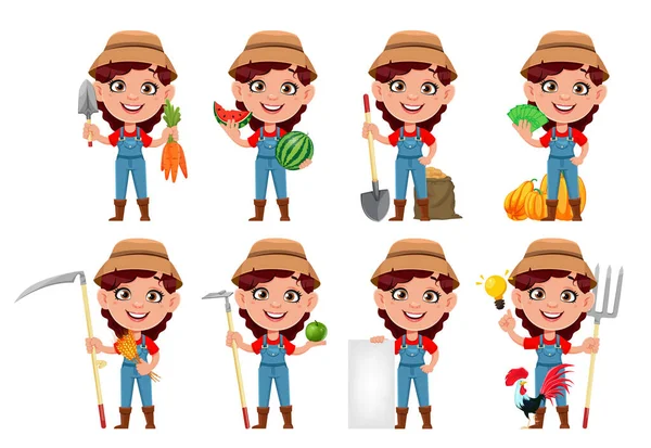 Mujer Campesina Personaje Dibujos Animados Conjunto Ocho Poses Linda Chica — Vector de stock