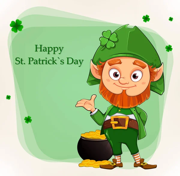 Leprechaun Cartoon Character Stands Pot Gold Happy Saint Patrick Day — Stock Vector