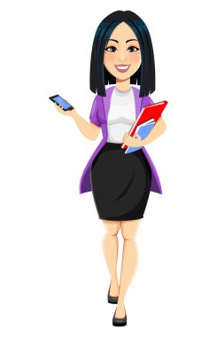 Modern Asyalı genç iş kadını kavramı. Çizgi film karakteri iş kadını elinde akıllı telefon tutuyor. Beyaz arkaplanda vektör illüstrasyonu