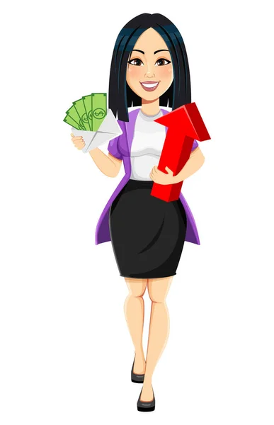 Konzept Der Modernen Jungen Asiatischen Geschäftsfrau Zeichentrickfigur Geschäftsfrau Mit Geld — Stockvektor