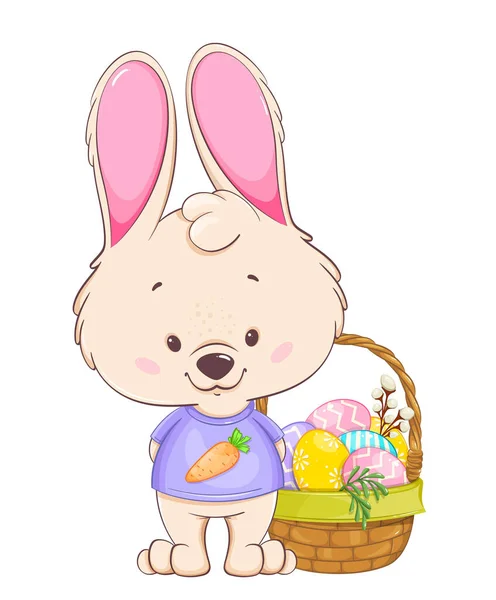 부활절 인사말 재미있는 캐릭터 토끼가 색깔있는 계란을 바구니 부활절 Stock — 스톡 벡터