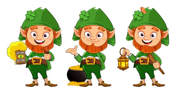 Leprechaun Personaje Dibujos Animados Conjunto Tres Poses Feliz Día San — Vector de stock