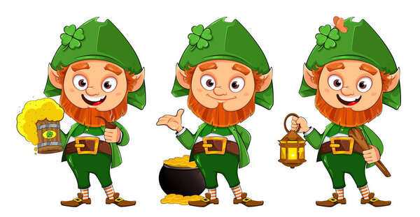 Leprechaun cartoon character, set of three poses. Happy Saint Patrick's day. Illustration of Leprechaun. Stock vector