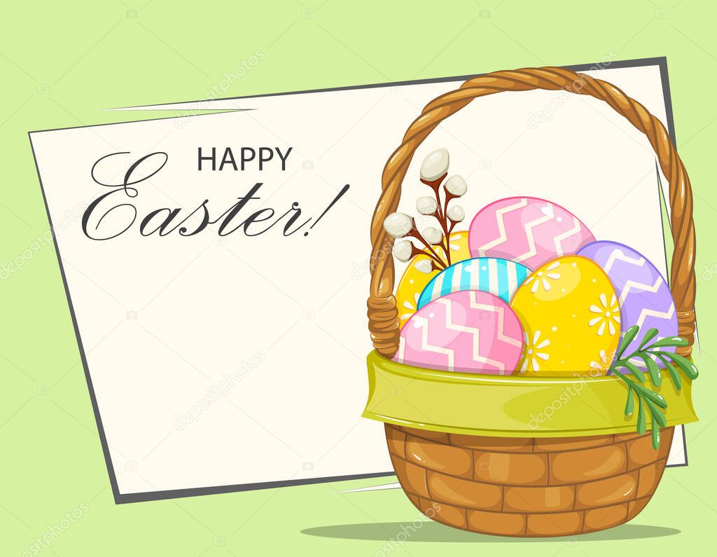 Happy Easter greeting card. Beautiful basket with colored eggs. Traditional Easter basket. Stock vector illustration