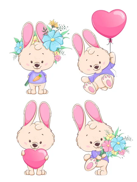 Cute Bunny Cartoon Character Set Four Poses Funny Rabbit Usable — Stock Vector