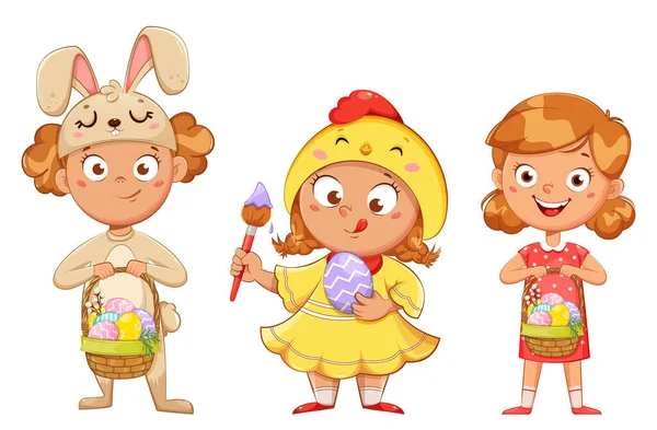 Buona Pasqua Carino Personaggio Dei Cartoni Animati Ragazza Costume Coniglio — Vettoriale Stock