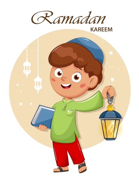 Tarjeta Felicitación Ramadán Kareem Feliz Ramadán Lindo Personaje Dibujos Animados — Vector de stock