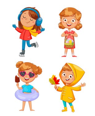 Mevsimlik illüstrasyon. Dört mevsimin tatlı kızı: sonbahar, kış, bahar, yaz. Güzel küçük kız çizgi film karakteri. Beyaz arkaplanda stok vektör illüstrasyonu