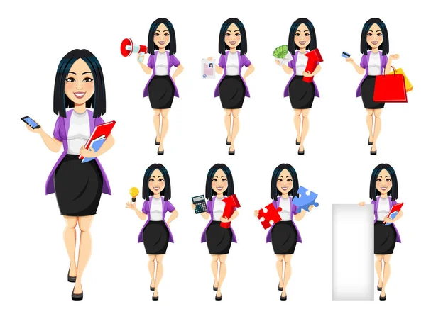 Konzept Der Modernen Jungen Asiatischen Geschäftsfrau Zeichentrickfigur Geschäftsfrau Set Von — Stockvektor