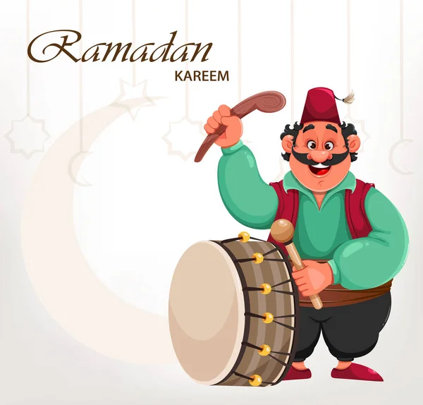 Ramadan Kareem Blahopřání Šťastný Ramadán Vtipná Kreslená Postava Hrající Buben — Stockový vektor