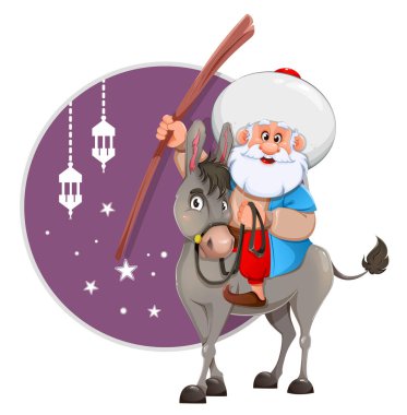 Ramazan Kareem tebrik kartı. Mutlu Ramazanlar. Kurban Bayramı mübarek olsun. Eşeğin üstünde oturan komik çizgi film karakteri Nasreddin Hoca. Kurban Bayrami. Geleneksel Müslüman bayramı için vektör illüstrasyonu