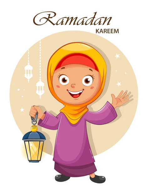 Tarjeta Felicitación Ramadán Kareem Feliz Ramadán Lindo Personaje Dibujos Animados — Vector de stock