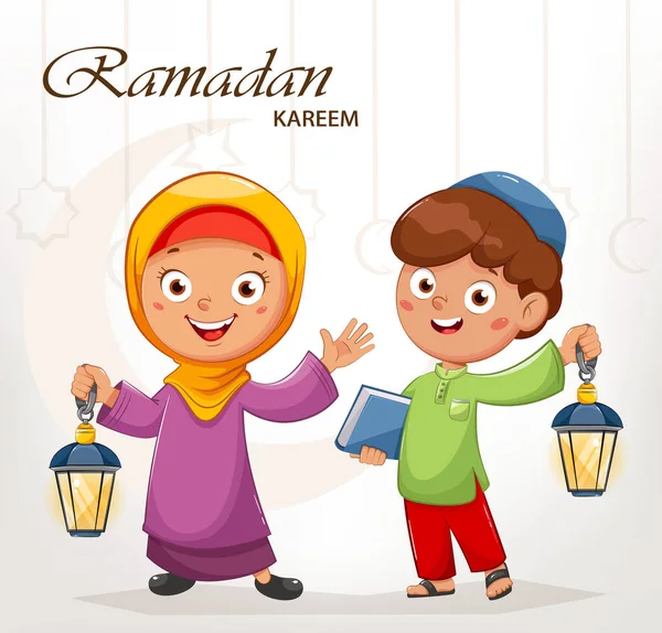 Ramadan Kareem Gelukkige Ramadan Leuke Stripfiguren Moslim Jongen Meisje Met — Stockvector