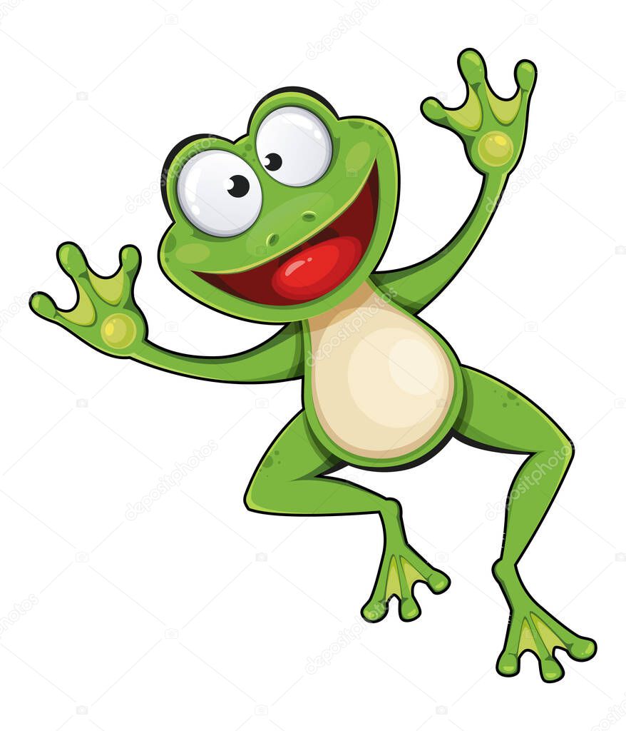 Frog cartoon character. Cheerful frog jumping. Stock vector illustration on white background
