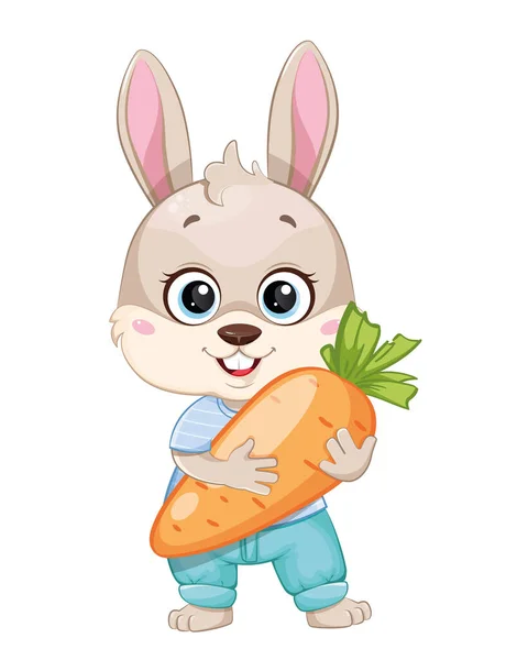 Cute Rabbit Holding Fresh Carrot Cheerful Cartoon Character Stock Vector — Stock Vector