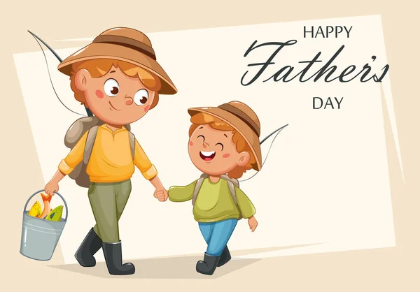 Happy Father Day Greeting Card Cheerful Dad Son Going Fishing — Wektor stockowy