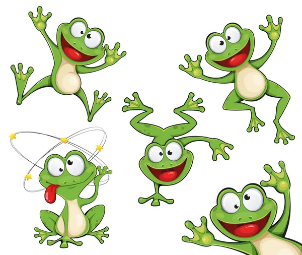 Żaba Postać Kreskówki Zestaw Pięciu Pozycji Śmieszna Zielona Żaba Ilustracja — Wektor stockowy