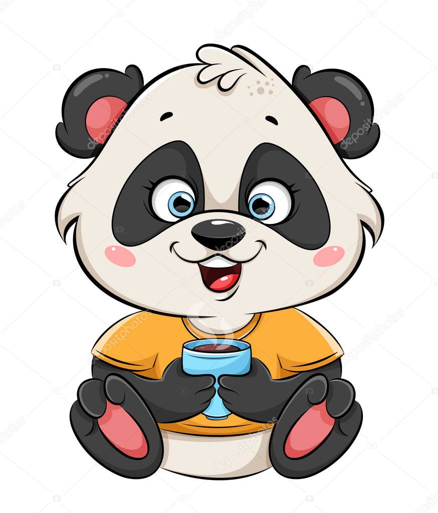 Cute Panda drinking hot coffee. Cheerful cartoon character Panda. Stock vector illustration on white background