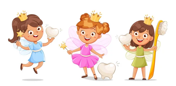 Cute Little Tooth Fairy Crown Set Three Poses Cheerful Fairy — Stock Vector