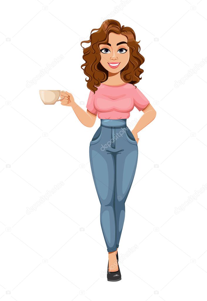 Beautiful business woman having a coffee break. Cute young businesswoman cartoon character. Stock vector illustration