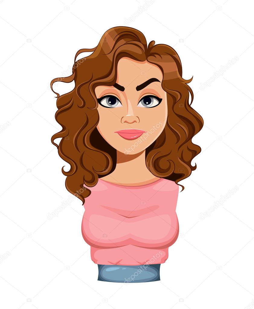 Face expression of beautiful woman, angry. Female emotion. Cute lady cartoon character. Stock vector illustration